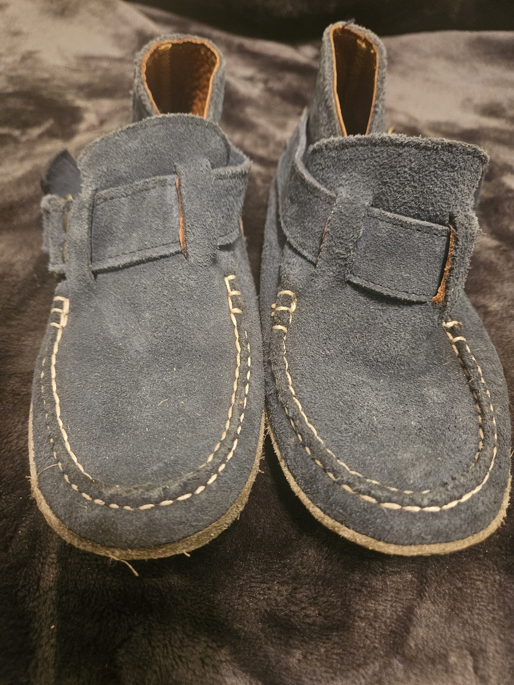 Quoddy Navy Suede Moccasins with Contrast Stitching